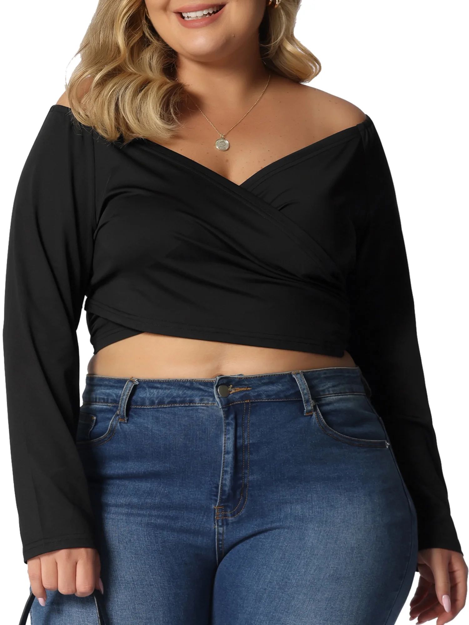 Agnes Orinda Women's Plus Size Off Shoulder Crop Cross Wrap Fashion Blouse | Walmart (US)