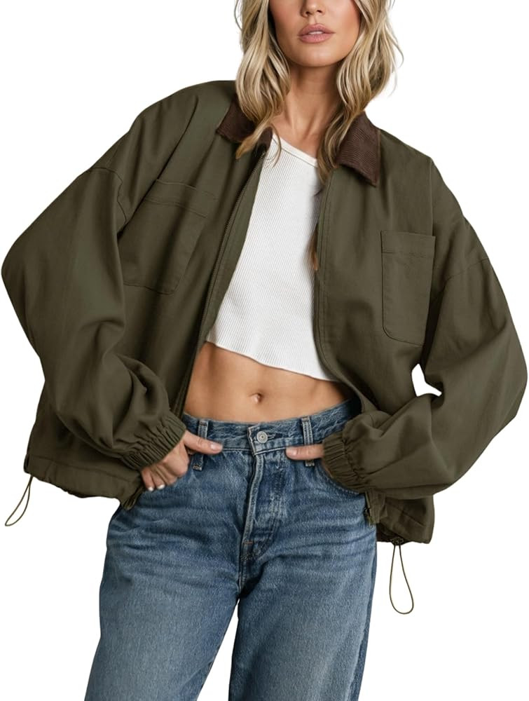 Women’s Barn Jacket Corduroy Collar Zipper Utility Jacket Cinchable Hem Workwear Jacket with Po... | Amazon (US)