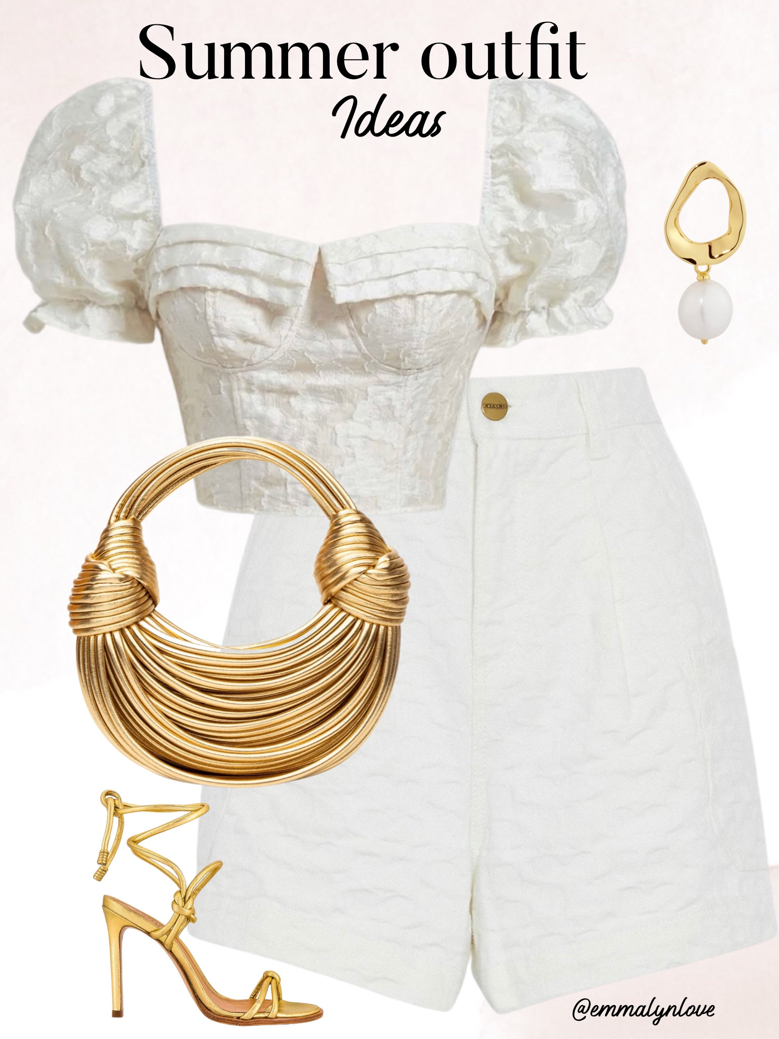 White shorts styling for summer. White shorts outfit, white and gold. Summer style, good heels. 

#LTKstyletip #LTKFind #LTKSeasonal