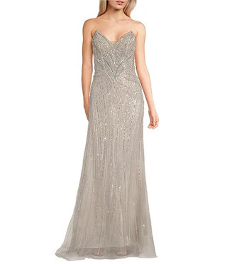 Horn Neck Strapless Beaded Mermaid Long Dress | Dillard's