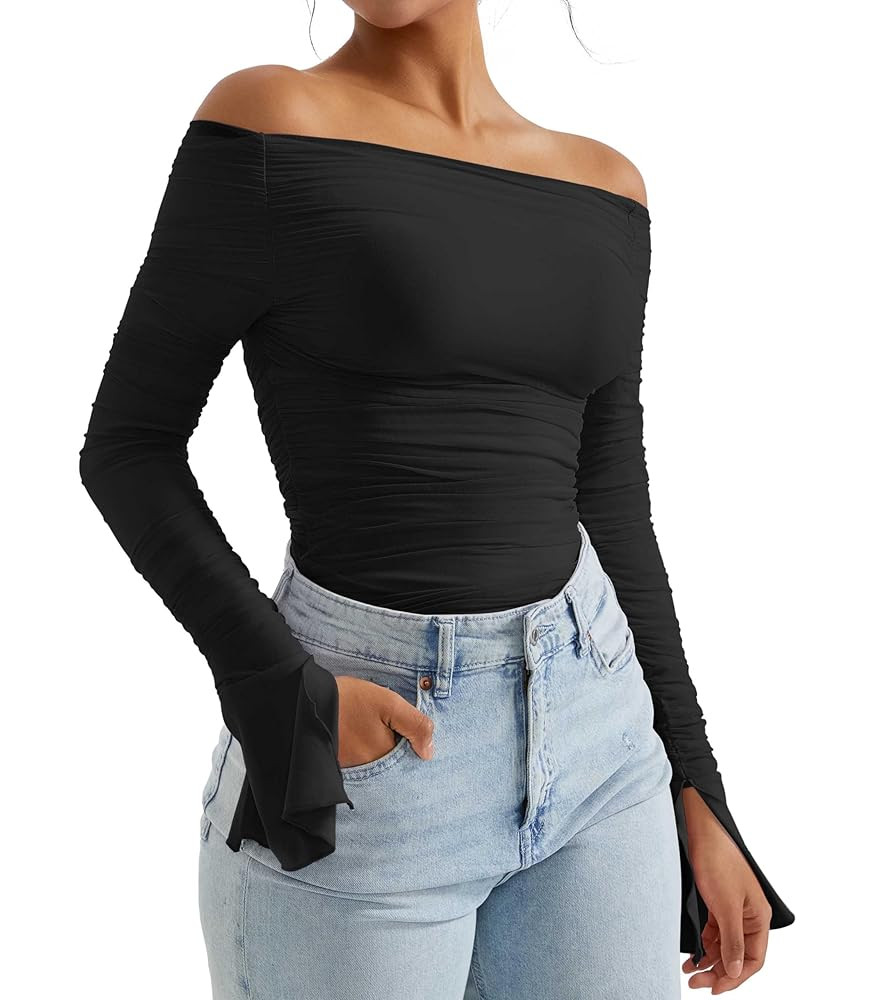 OMKAGI Women Long Sleeve Tops Boat Neck Off Shoulder Shirts Fitted Going Out Y2K Crop Top | Amazon (US)