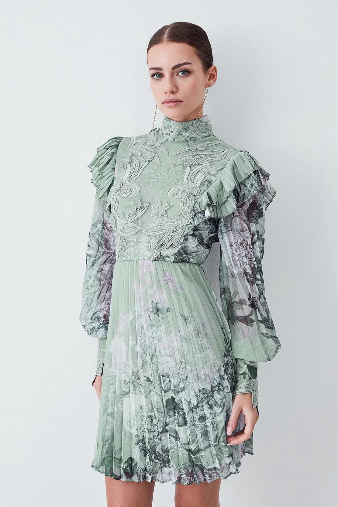 Lydia Millen Petite Floral Applique Lace Pleated Mini Dress | Karen Millen US