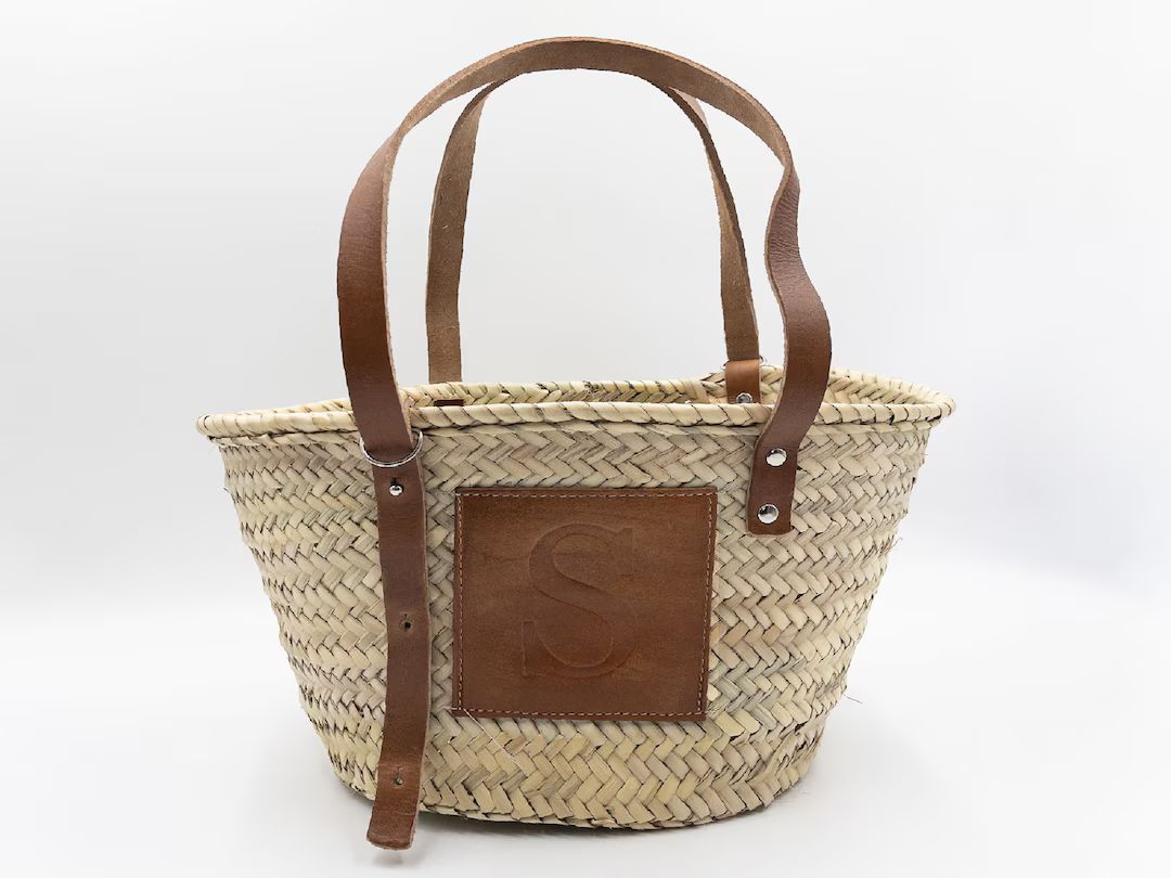 FRENCH BASKET Classic Customized Tan Leather Patch Straw Basket, Beach Bag, Straw Bag, Market Bas... | Etsy (EU)