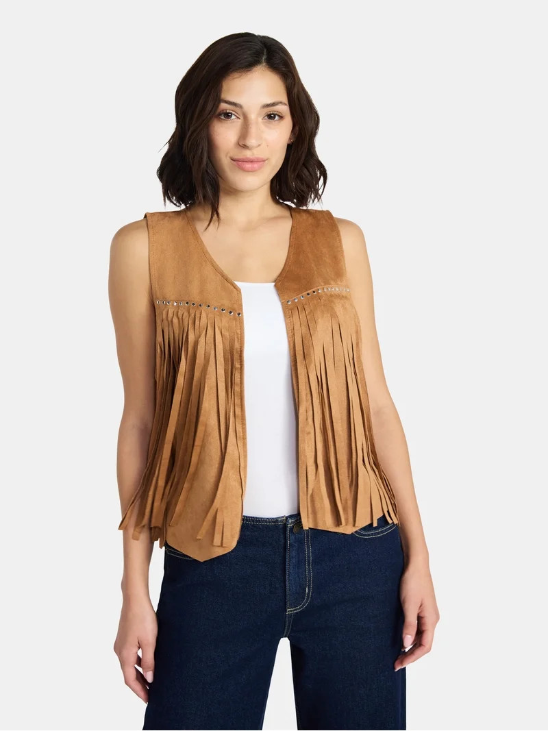 Madden NYC Women's Faux Suede Studded Fringe Vest, Khaki, Sizes S to XL | Walmart (US)