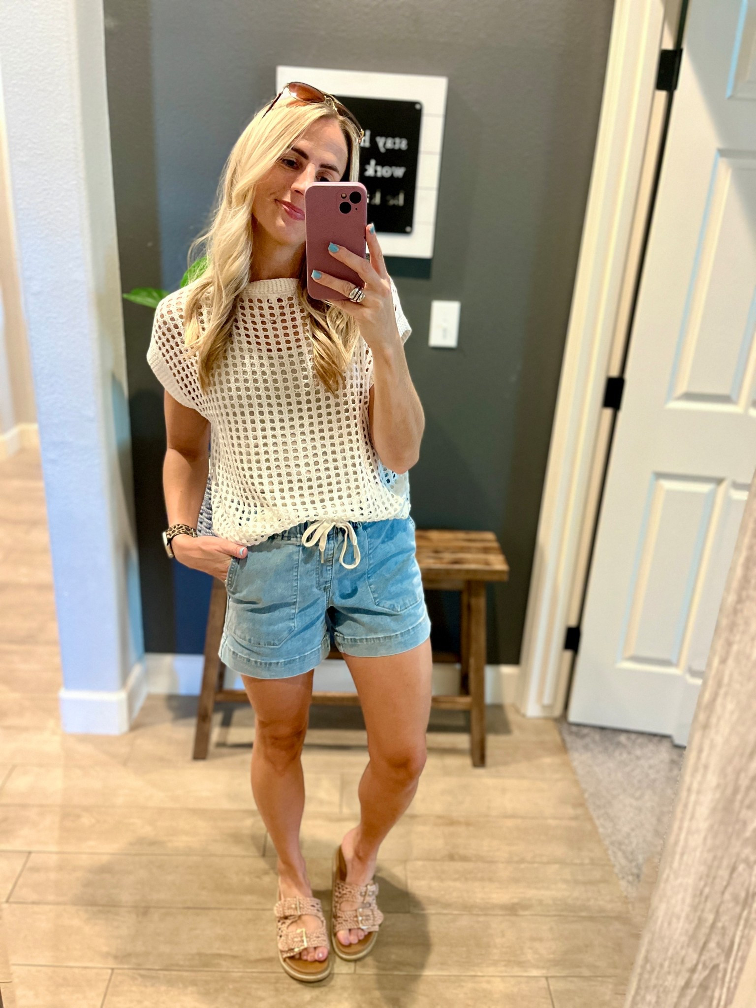 Casual outfit featuring these stretchy waistband shorts. They are so comfy and a great length! I’m 5’3