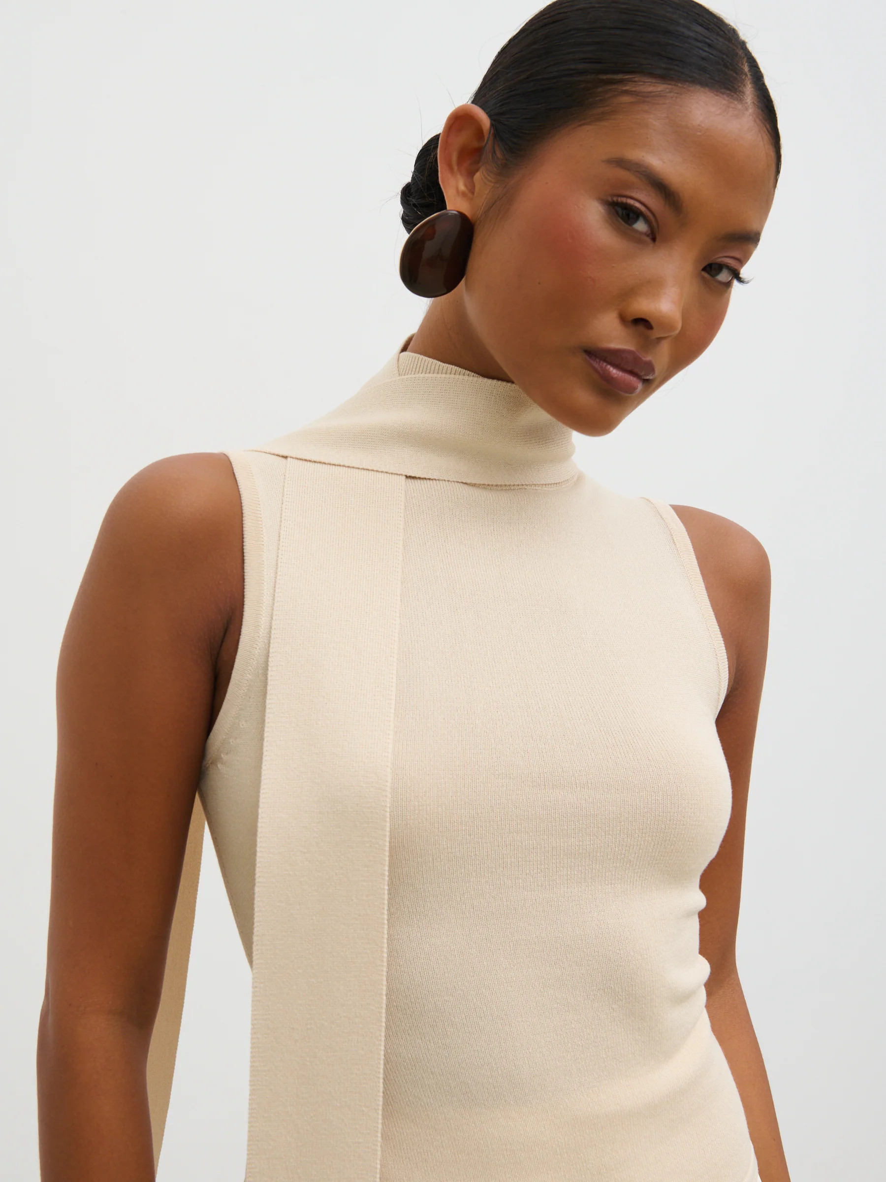 Melanie High Neck Knit Top with Neck Tie - Cream | Pretty Lavish (UK)