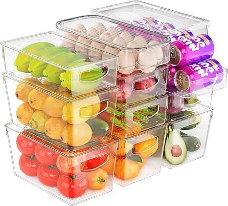 Refrigerator Organizer Bins-10 Pack Fridge Organizers and Storage Clear with Lids Stackable Stora... | Amazon (US)