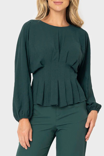 Blouson Sleeve Seamed Jewel Neck Blouse | Gibson
