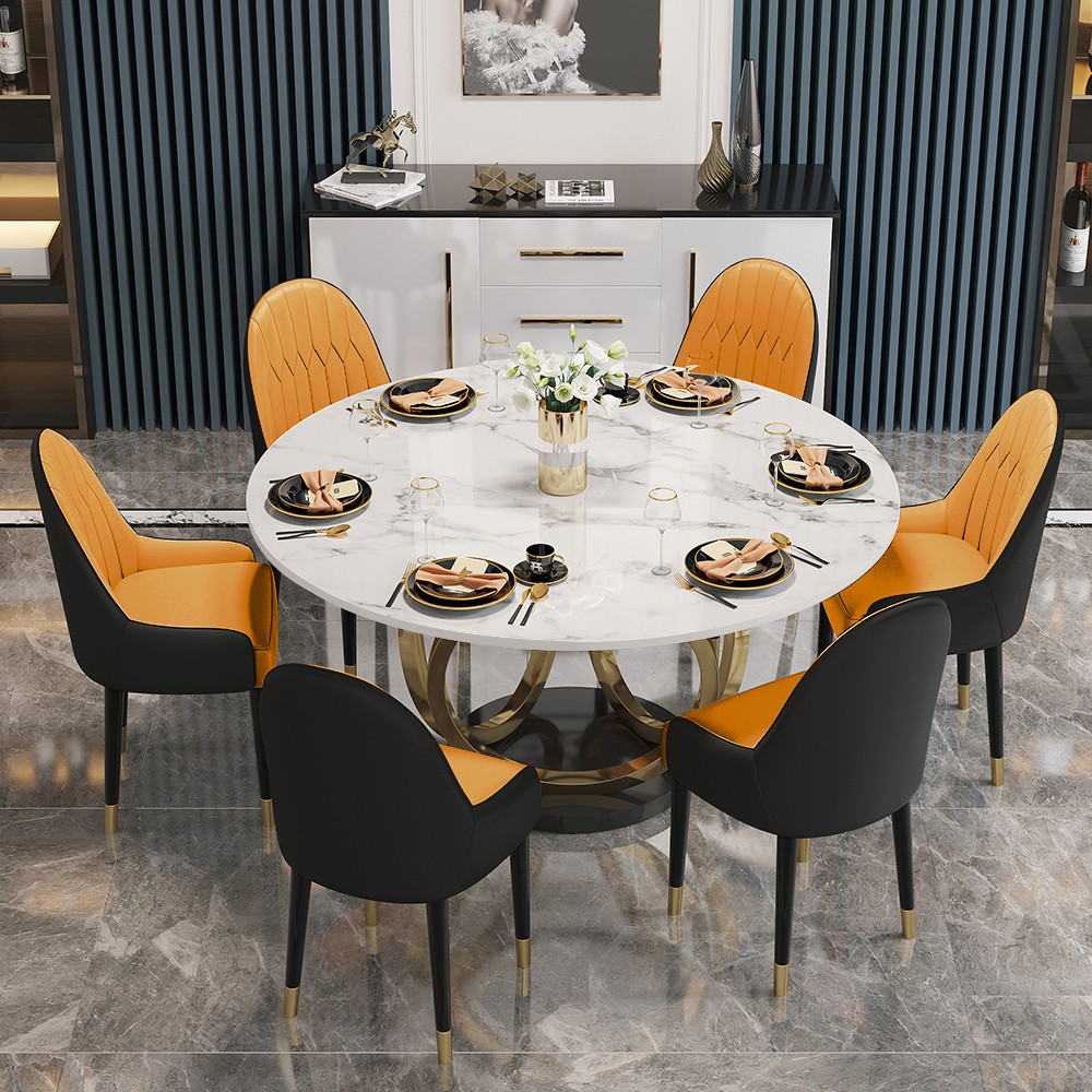 Dining Table Set 53.1"" Faux Marble Dining Table Black & Orange with 6 PU Leather Chairs Modern | Homary