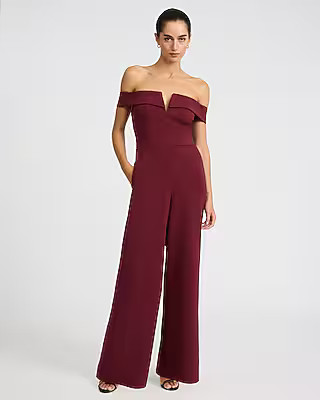 Crepe V-Wire Off The Shoulder Wide Leg Jumpsuit with Pockets | Express