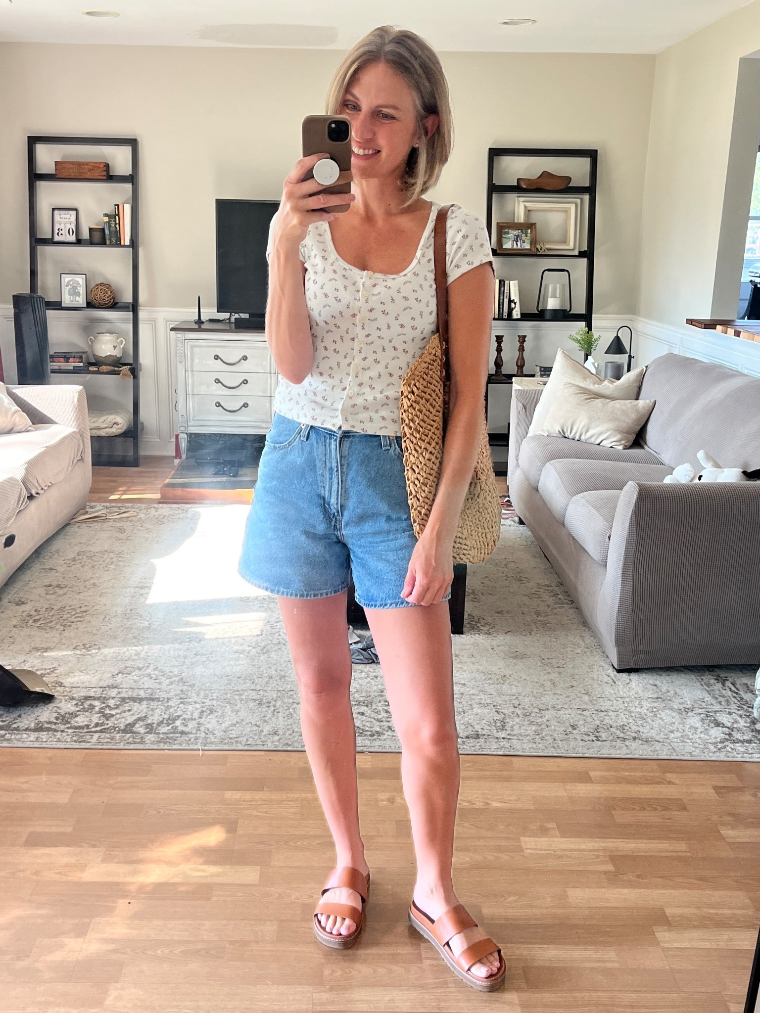 Linked a similar cute little tee from Old Navy that I wear my true size medium in, true 28 shorts, true 9 sandals  

#LTKFindsUnder50 #LTKStyleTip #LTKOver40