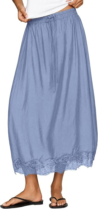 Tanming Women's Drawstring High Waist Lace Hem Midi Skirt | Amazon (US)