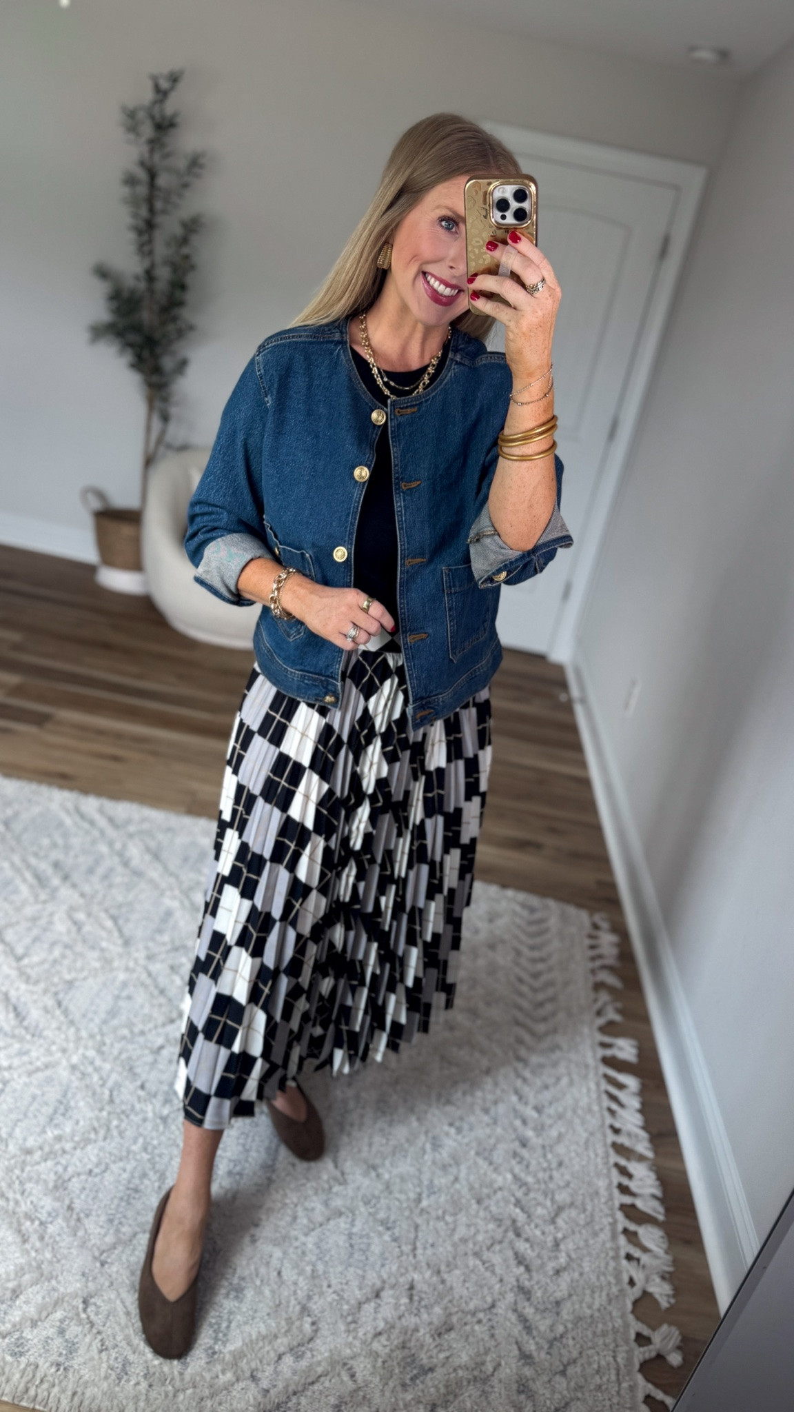 Daily try on, Walmart outfit, Walmart fashion, Walmart style, pleated skirt, black tee, denim jacket

#LTKootd