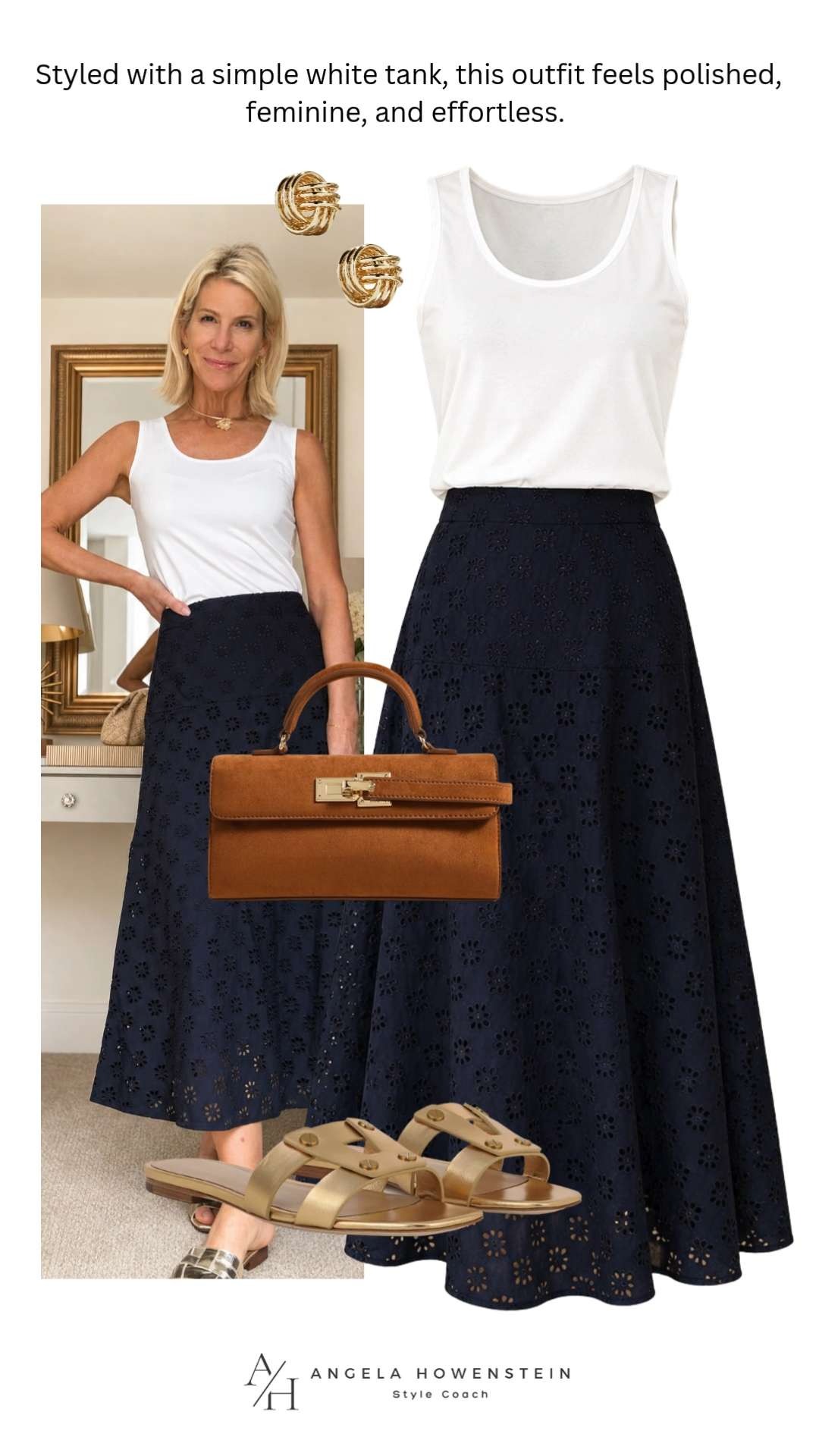 This navy eyelet midi skirt is such a versatile summer piece. The feminine eyelet detail adds texture and interest, while a simple white tank keeps the look classic, polished, and easy to wear.

💡 LTK MADE EASY

❤️ Heart = Support my posts
🔖 Save = Get sale & restock alerts
📋 Lists = Keep favorites organized
📲 Share = Send to yourself for later
💬 Comment = Ask me anything 

 #LTKootd #LTKSeasonal #LTKOver40