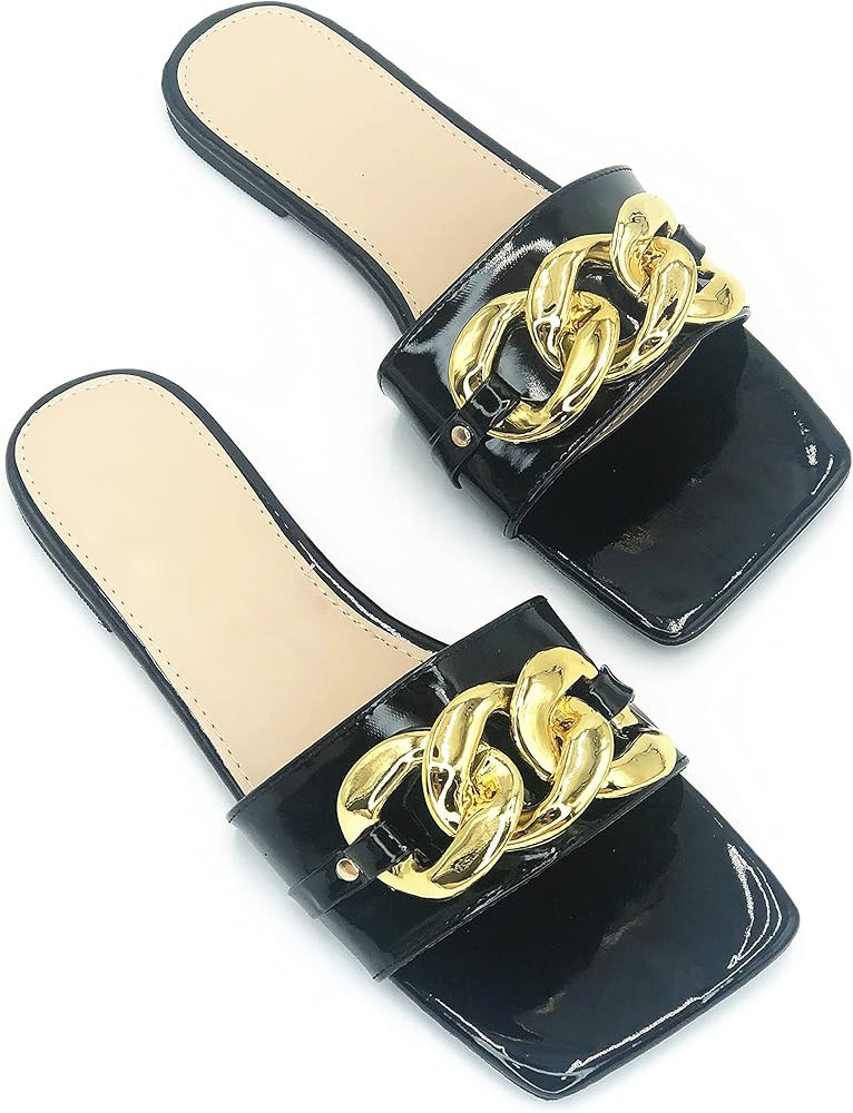 Women's Leather Flat Slippers Metallic Link Chains Slip On Summer Indoor and Outdoor Slide Sandal... | Amazon (US)