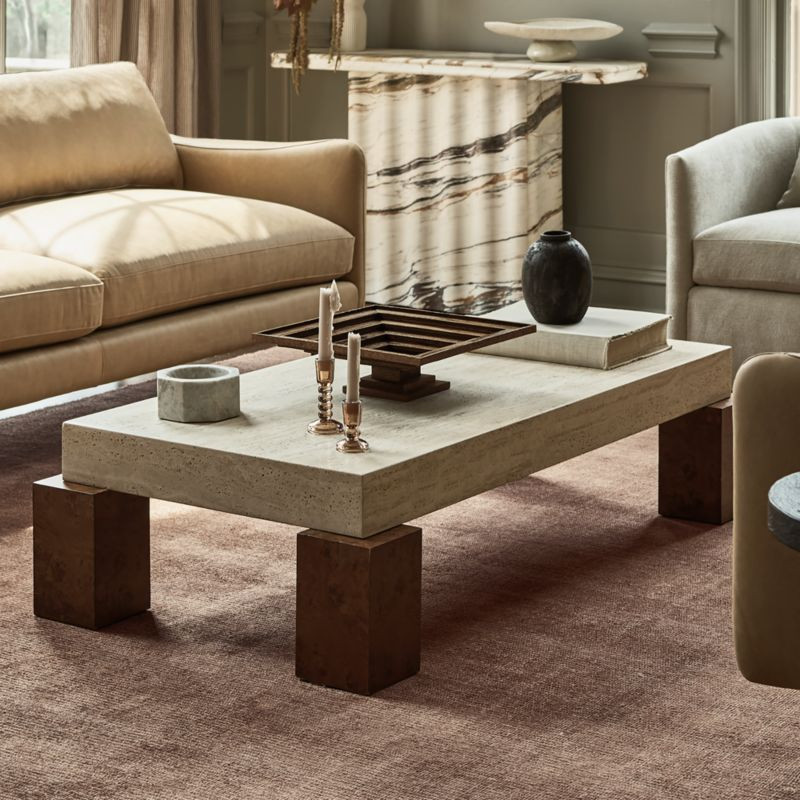 Dualité Travertine and Burl Wood 53"" Coffee Table by Athena Calderone | Crate & Barrel