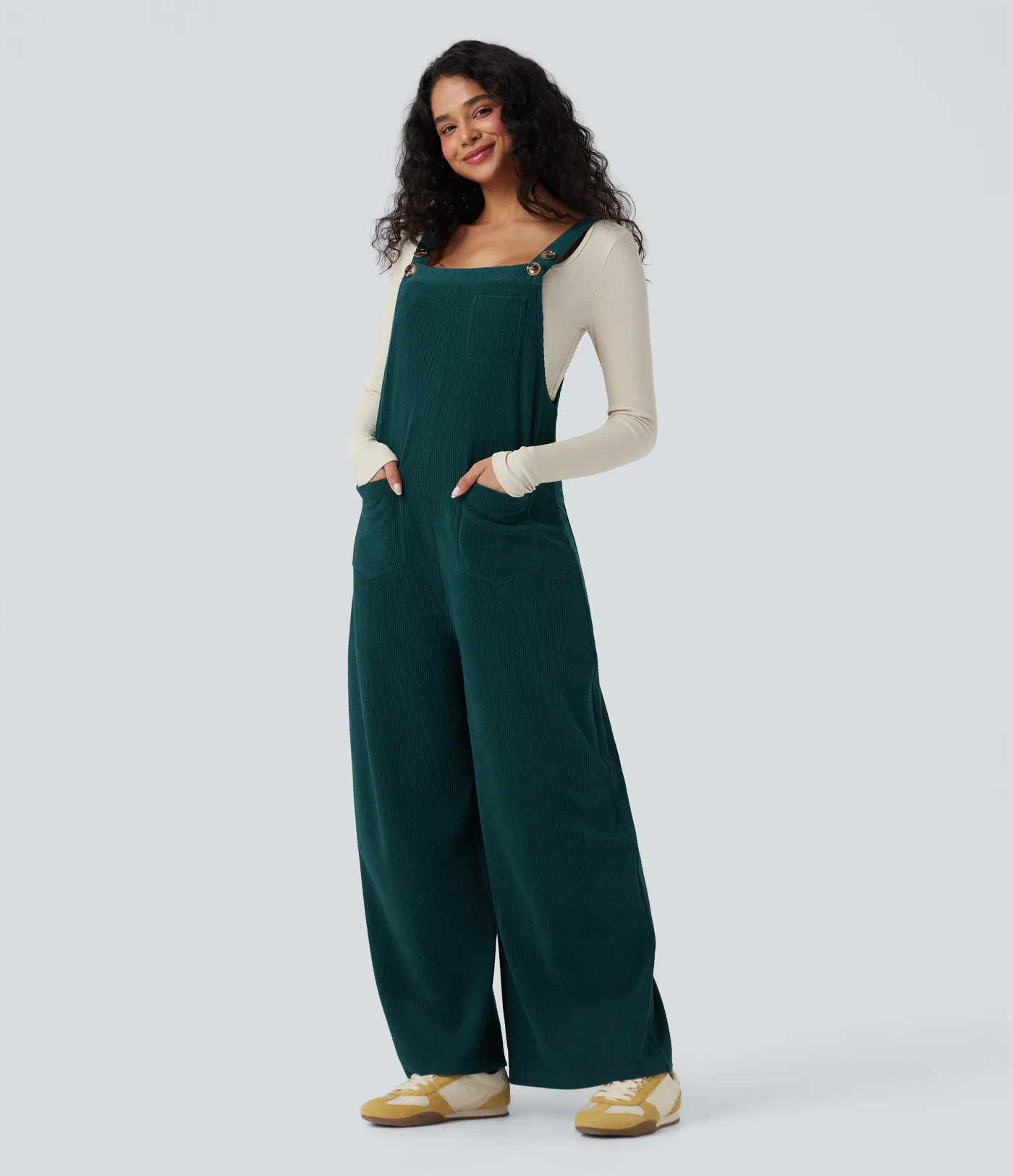 Women’s Square Neck Corduroy Casual Overalls with Pockets - Halara | HALARA