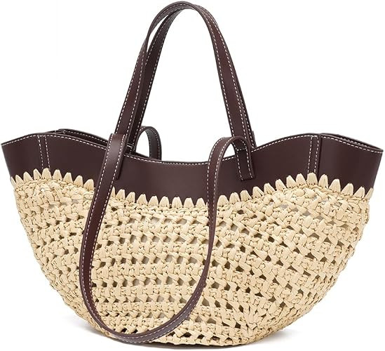 Large Straw Tote Bag for Women, Woven Summer Beach Bag with Leather Trim & Double Straps, Handmad... | Amazon (US)