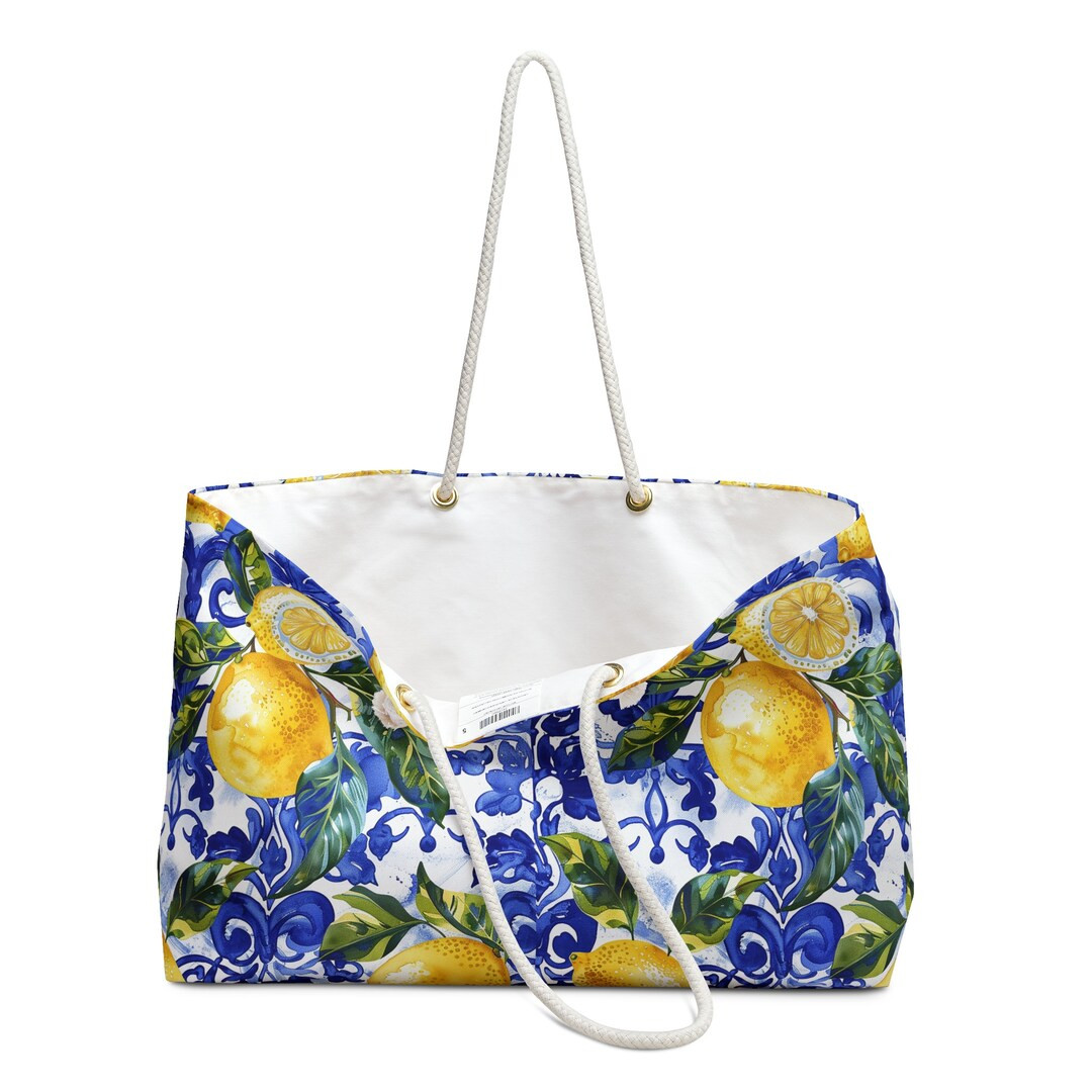 Italy Lemon Beach Tote Bag, Capri Amalfi Coast Style Tote, Blue and White Tile Italy Tote Bag, Gi... | Etsy (US)