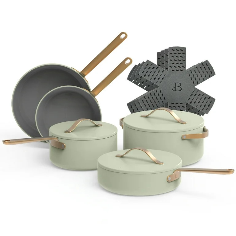 Beautiful 12pc Ceramic Non-Stick Cookware Set, Sage Green by Drew Barrymore - Walmart.com | Walmart (US)