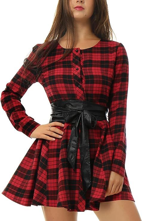 Allegra K Women's Plaids Long Sleeves Button Down Belted Party Mini A-Line Shirt Dress Large Red ... | Amazon (US)