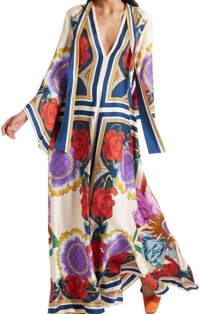 Summer Ethnic Printed Maxi Dress for Women Tie Up 3/4 Sleeve Long Flowy Bohemian Beach Party Dres... | Amazon (US)