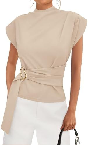 PRETTYGARDEN Women Blouses Spring Dressy Cap Sleeve Mock Neck Work Shirts Buckle Tunic Summer Bus... | Amazon (US)