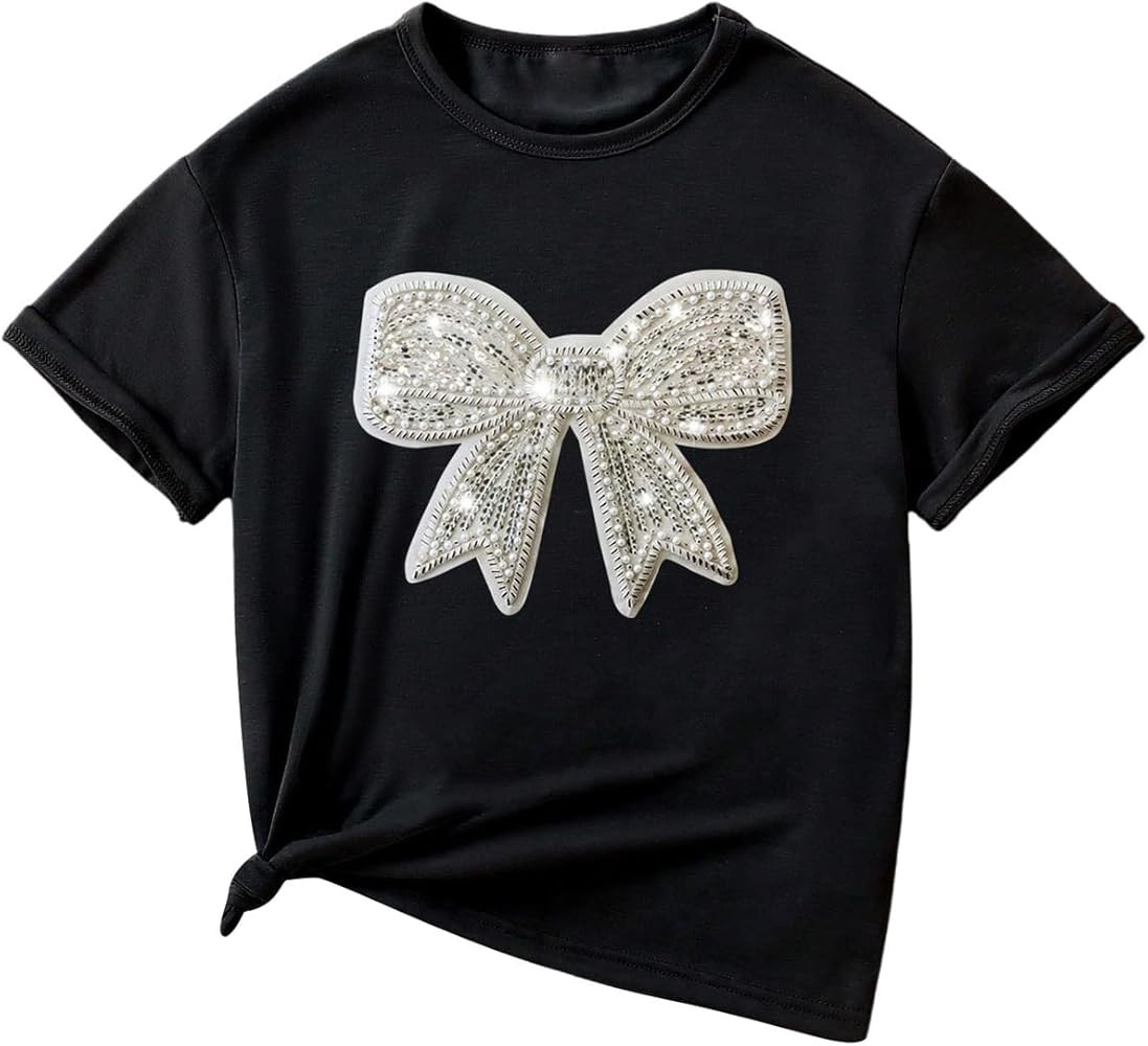 SHENHE Girl's Pearl Bow Graphic Tees Cute Short Sleeve Casual T Shirts Summer Crew Neck Tops | Amazon (US)
