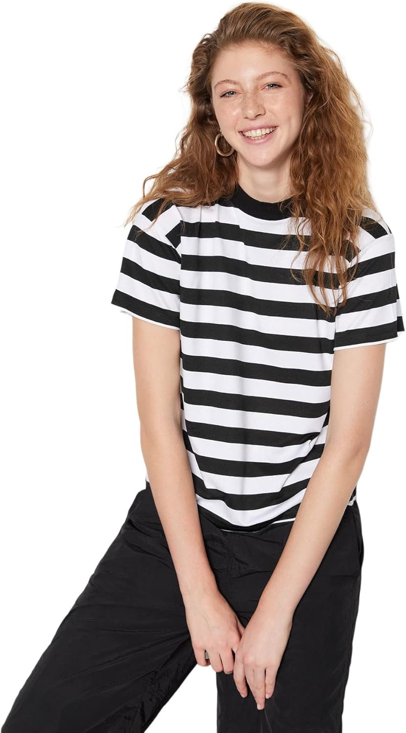 Trendyol Maglietta A Maniche Corte con Colletto A Righe, Multicolore T-Shirt Donna | Amazon (IT)