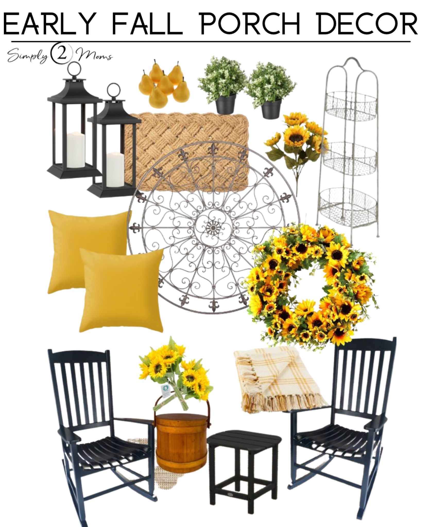 Decorate a front porch for late summer or early fall with cheerful gold and yellow accents. Realistic faux sunflower stems and a sunflower wreath. Black rocking chairs pair with black side table and woven jute runner for texture. Get ready for cooler nights with cozy yellow plaid throw blankets. Gold throw pillows look great on the rocking chairs. Black candle lanterns add ambiance and style. Large round iron wall medallion is the perfect spot to hang a wreath. Vintage wood bucket is a great place for faux sunflower bouquets. A tall three tiered iron plant stand is fun to change out each season. 

#LTKhome #LTKunder100 #LTKSeasonal
