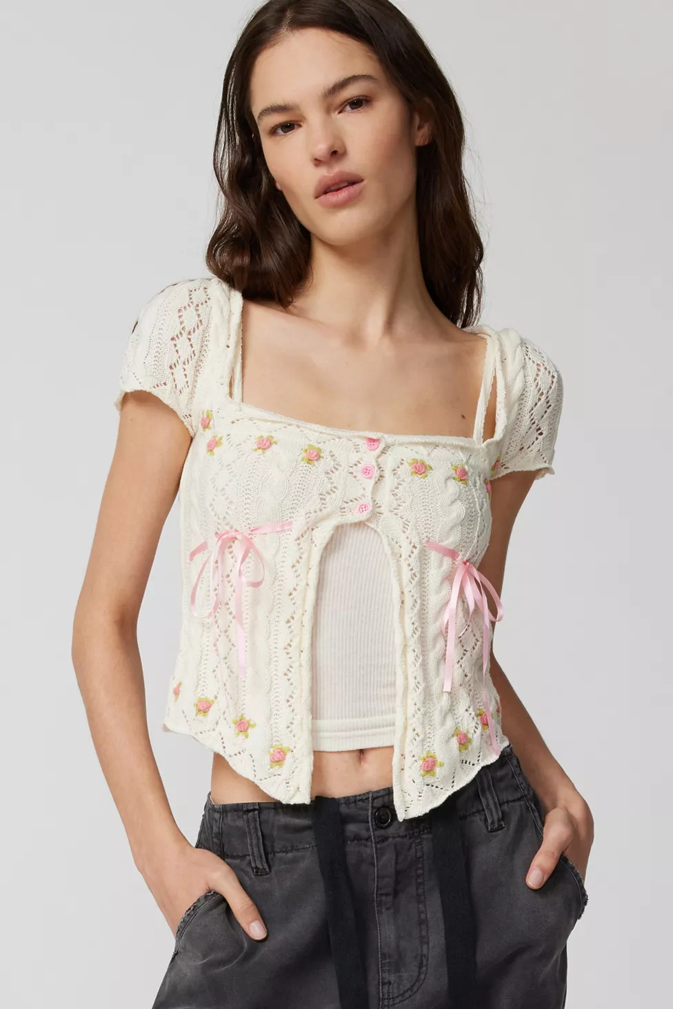 UO Kourtney Floral Embroidered Short Sleeve Cardigan | Urban Outfitters (US and RoW)