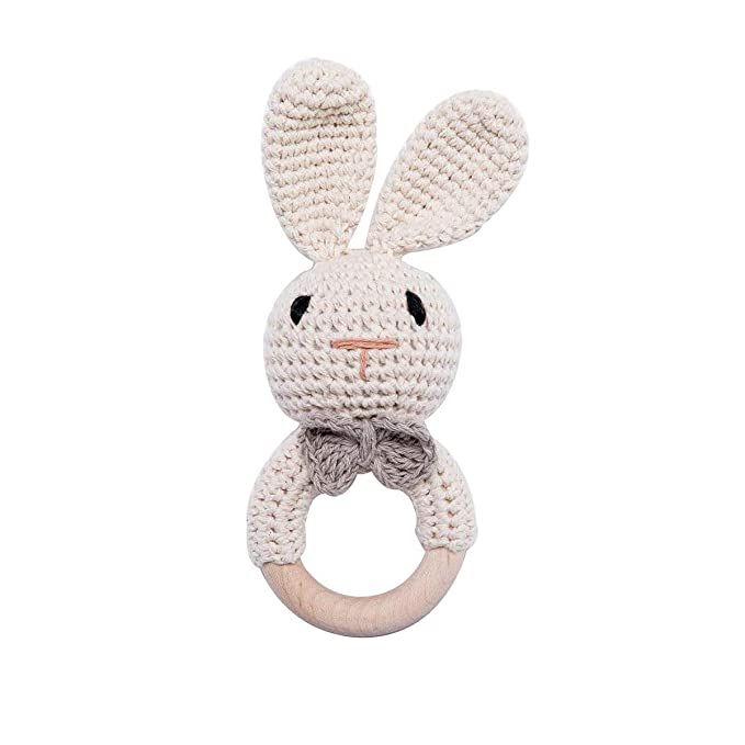 Wooden Baby Rattle Crochet Bunny Baby Toys Handmade Newborn Toy Early Development Grips Stuffed A... | Amazon (US)