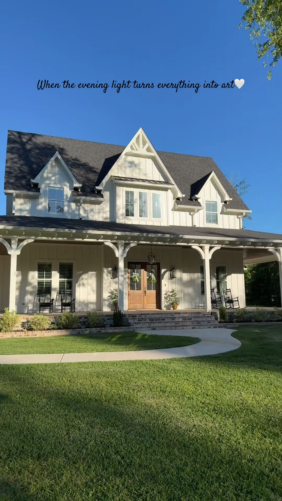Porch links… lighting & rockers linked 

Evenings like this make me pause every time. The way the trees reflect on the home and the warm light settles in feels like the perfect kind of calm. There’s nothing I love more than watching our home in this soft golden glow🤍

#goldenhour #dreamhome #homeaesthetic #beautifulhouse #eveninglight

#LTKHome #LTKstorytime #LTKvlog