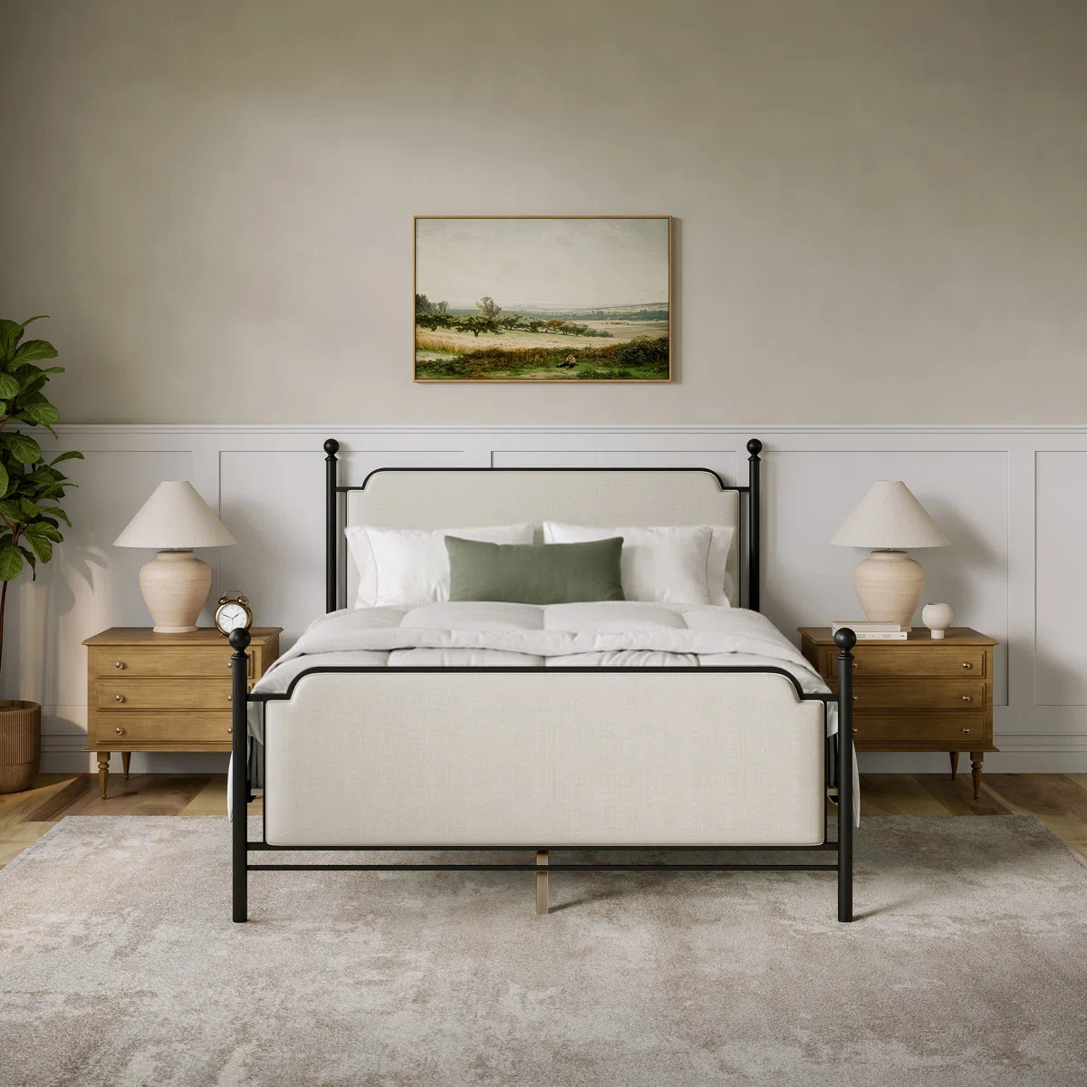 Jarin Metal And Upholstered Complete Platform Bed, Matte Black With Natural Fabric | Wayfair North America