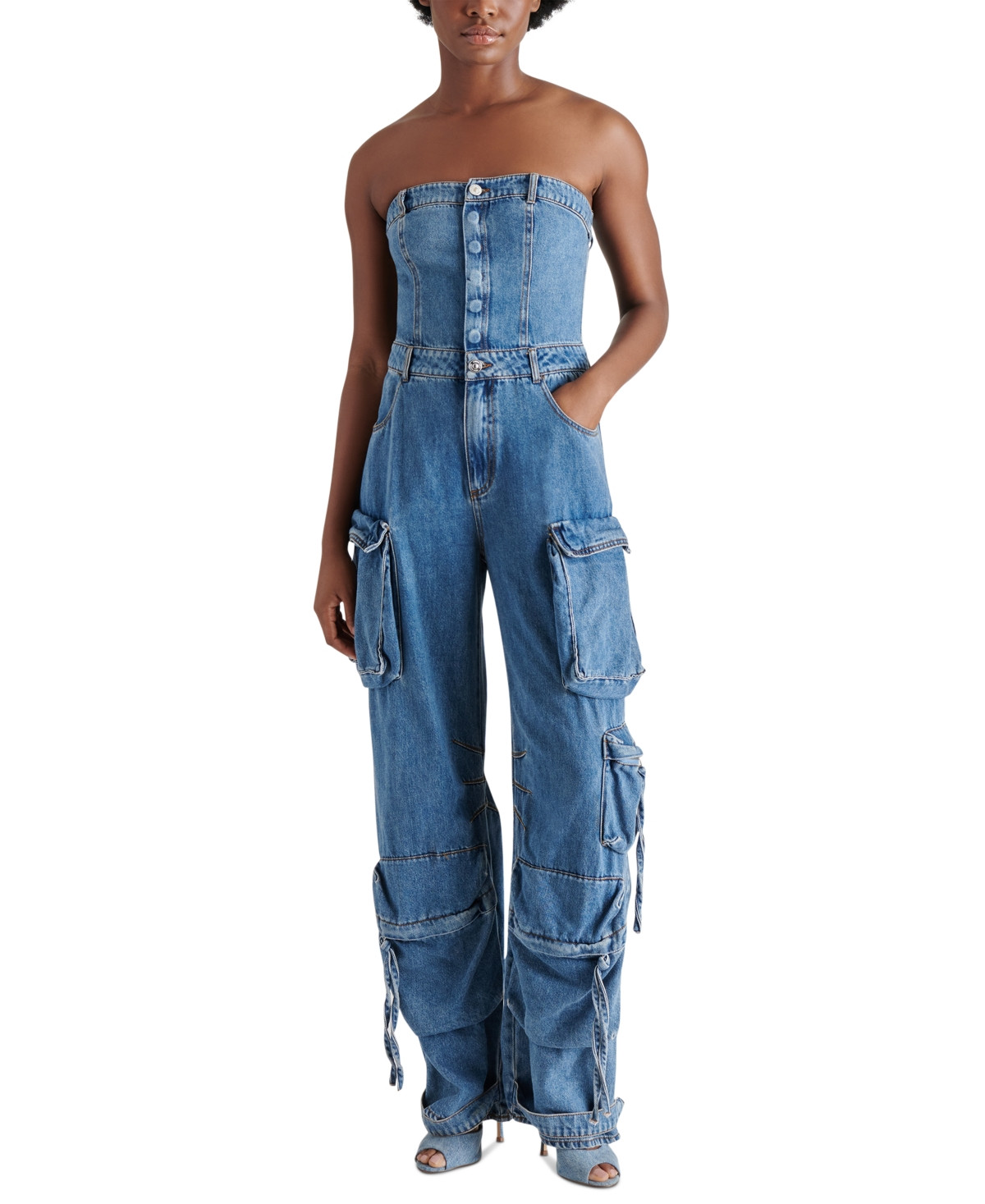 Steve Madden Women's Duo Strapless Denim Cargo Jumpsuit - Blue Denim | Macy's