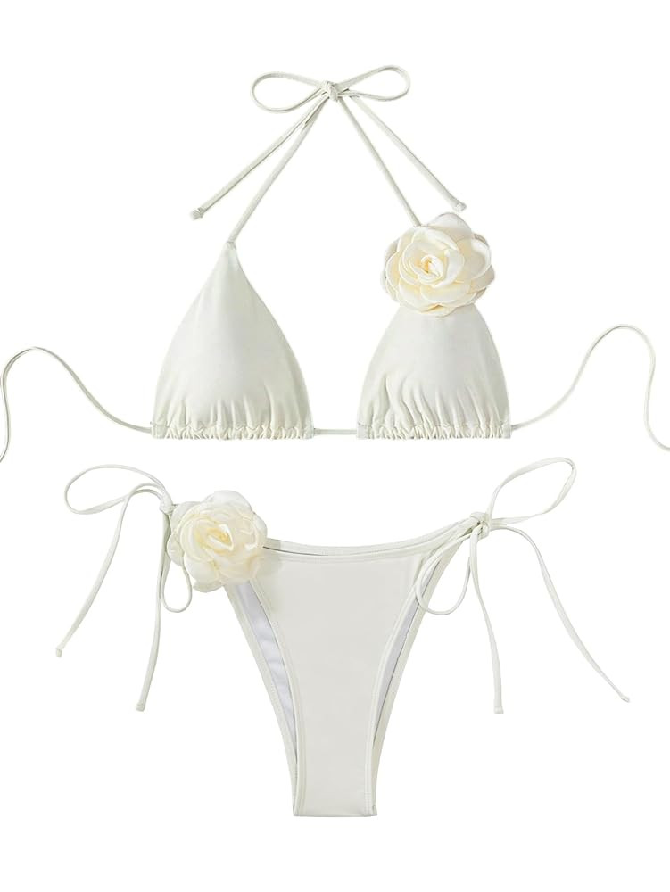 Lilosy Petite Sexy Appliques Floral Flower Halter Bikini Tie Back String Thong Swimsuit Set Women... | Amazon (US)