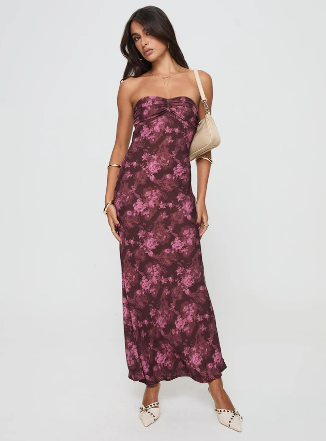 Abeila Strapless Maxi Dress Burgundy | Princess Polly US