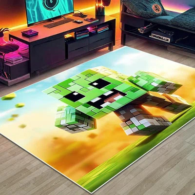 86"X63" Man Cube Block Game Rug - Non-Slip Pixel Gaming Carpet For Teen Bedroom Playroom Living Room | Wayfair North America