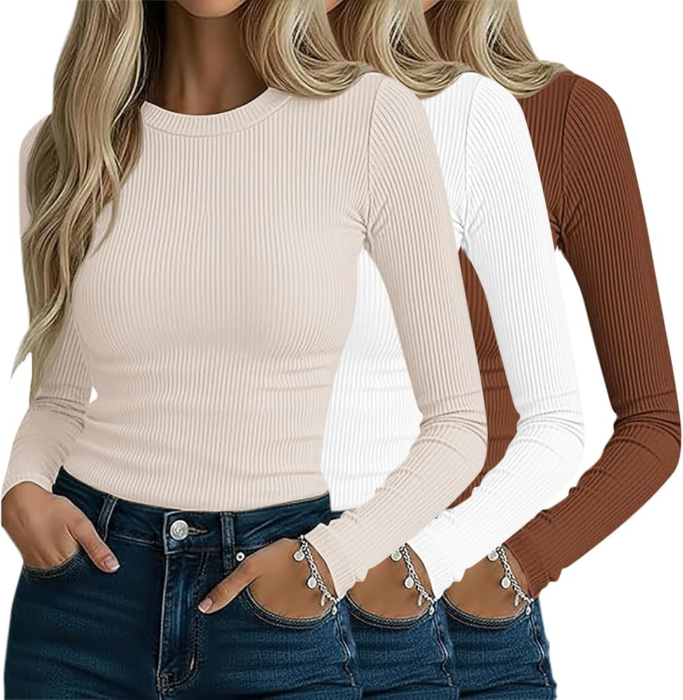 3 Pack Women's Ribbed Long Sleeve Stretchy Tops Basic Slim Fit Crew Neck Undershirt Knit Layering... | Amazon (US)