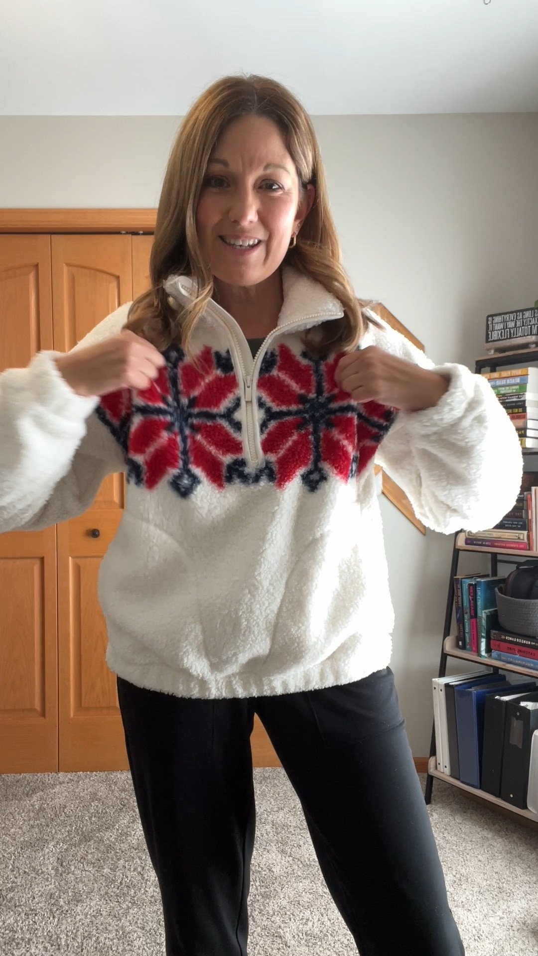 Isn’t this the cutest fleece you’ve ever seen?!? Saw it and loved it immediately! 

I sized up 1 to a M 

#target 

#LTKFindsUnder50 #LTKOver40 #LTKSeasonal