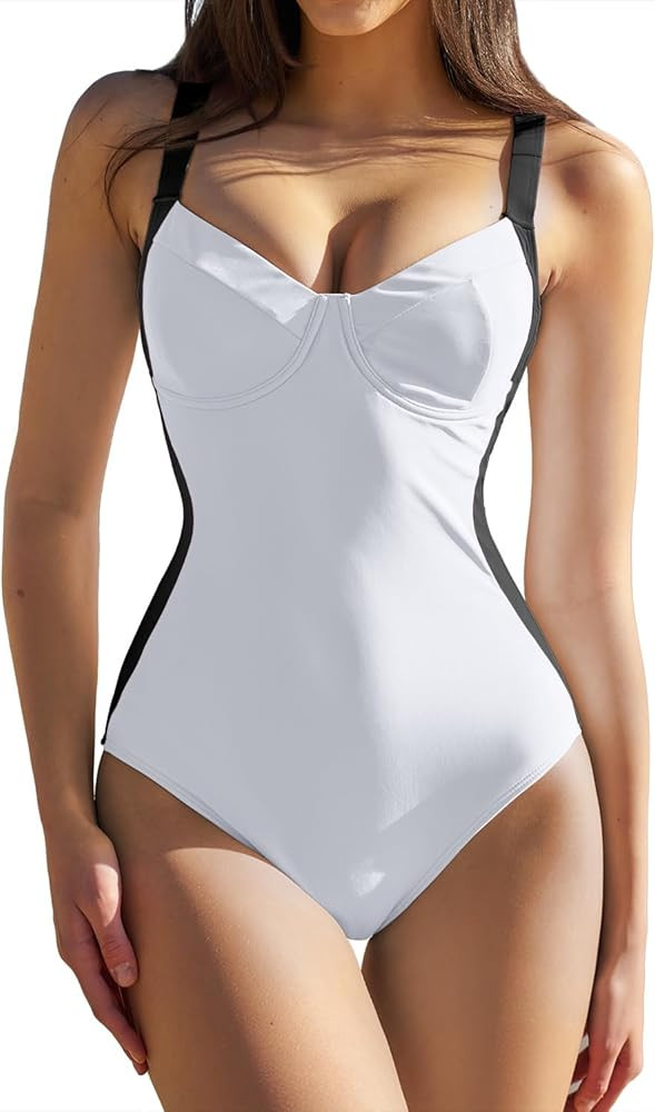 QINSEN Womens Color Block One Piece Bathing Suit V Neck Seamed Cup Swimsuit Lace Up Back Monokini | Amazon (US)