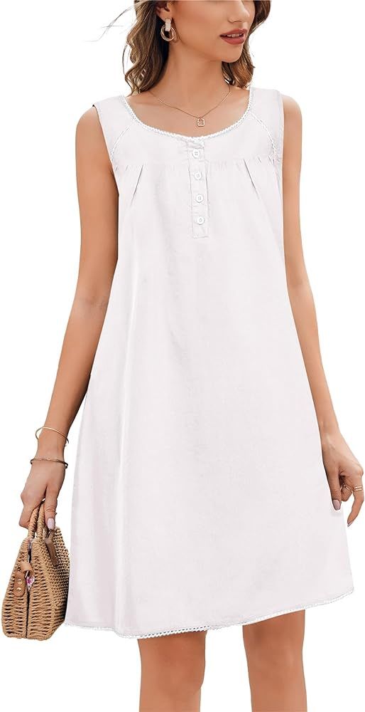 Ekouaer Women's Nightgown Sleepwear Cotton Sleeveless Sleep Dress V Neck Nightwear Loungewear | Amazon (US)