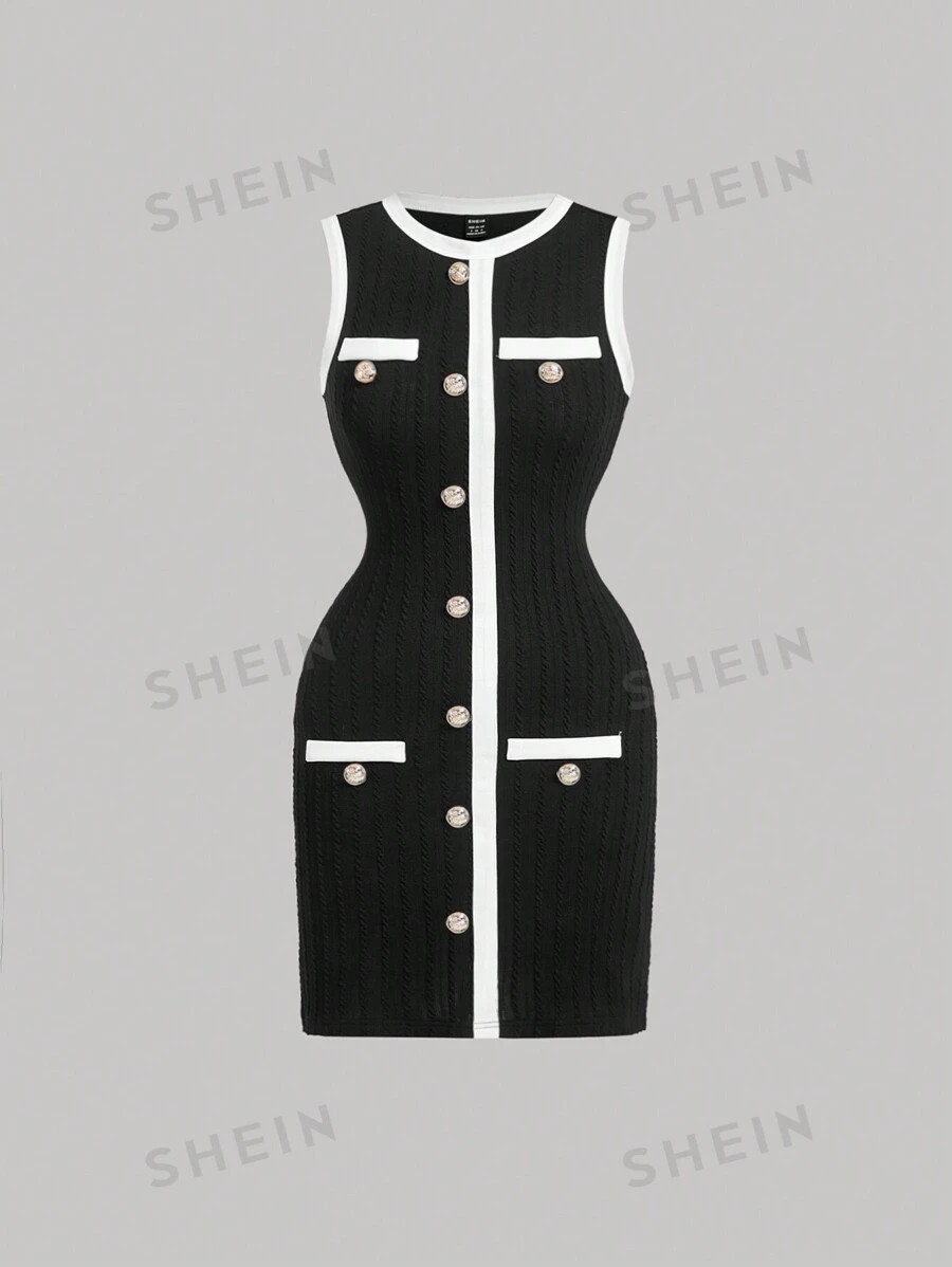 SHEIN MOD Contrast Color Black & White Crew Neck Mini Dress For Women,Women's Elegant Long Sleeve... | SHEIN