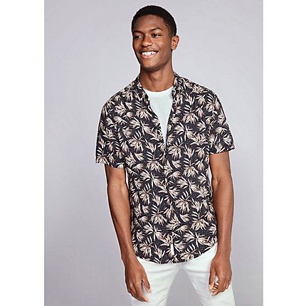 Mens Black leaf print slim fit short sleeve shirt | River Island (UK & IE)