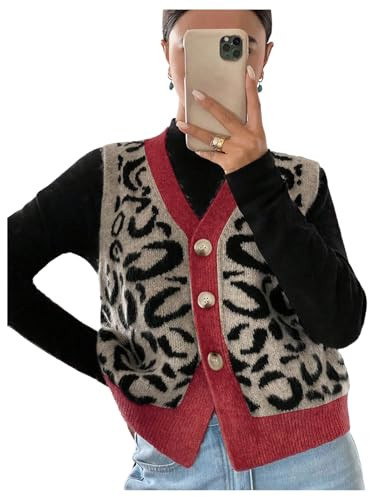 GORGLITTER Women's Leopard Button Up Sweater Vest Cheetah Print Sleeveless Office Knit Trendy Vests Top Red Medium | Amazon (US)