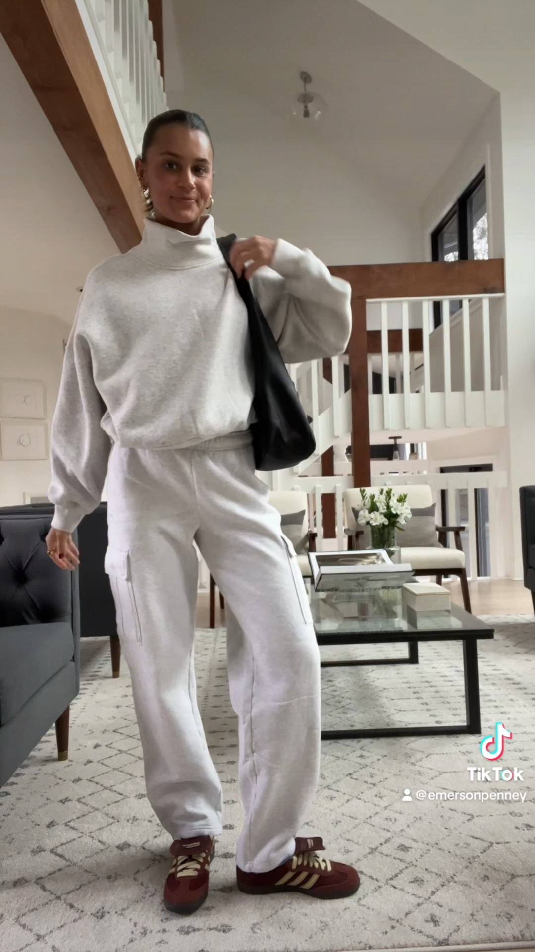 Wearing size L in mock neck crew and small/long in pants! Definitely size up for top! 