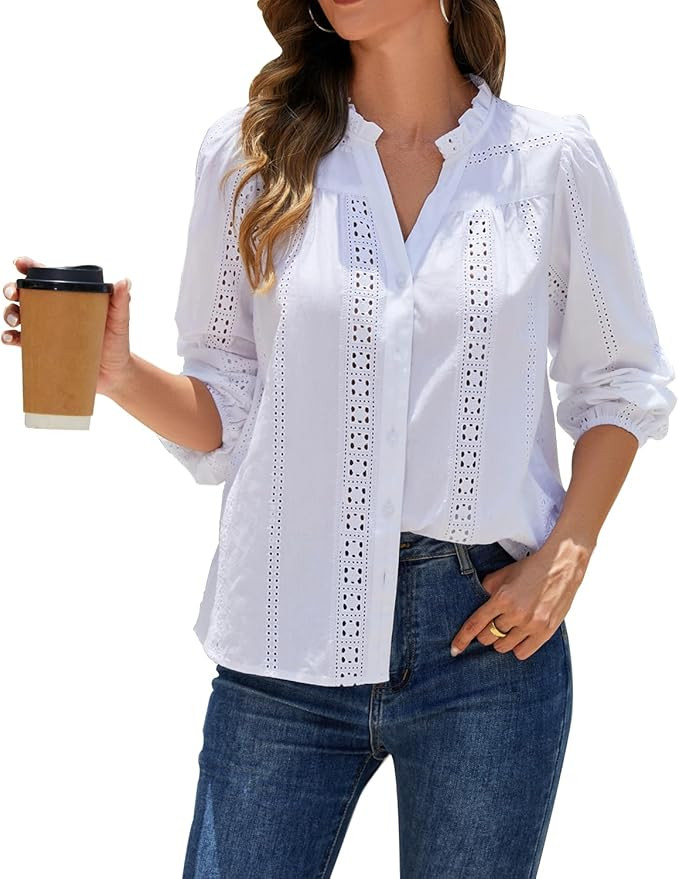 Shy Velvet Womens Tops Cotton Embroidered Eyelet Button-Down Blouse, Long Sleeve Business Casual ... | Amazon (US)