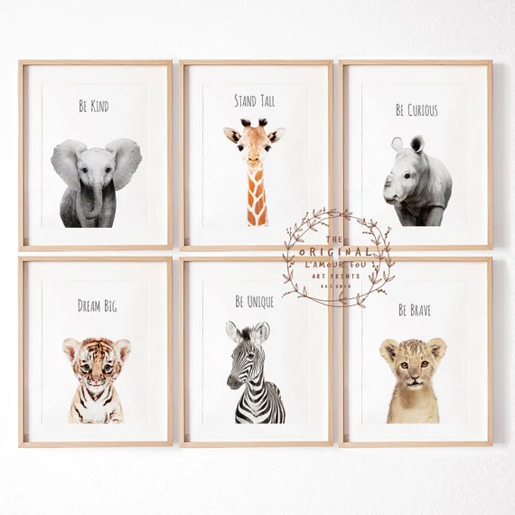 Safari nursery prints, Set of 6 Prints, Nursery decor, Nursery wall art, Baby Animal prints for n... | Etsy (US)