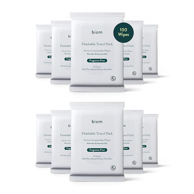 Biom Flushable Wipes -Travel Size 10 pack(100 Wipes) -Plastic-Free Plant Fiber, Fragrance-Free an... | Amazon (US)