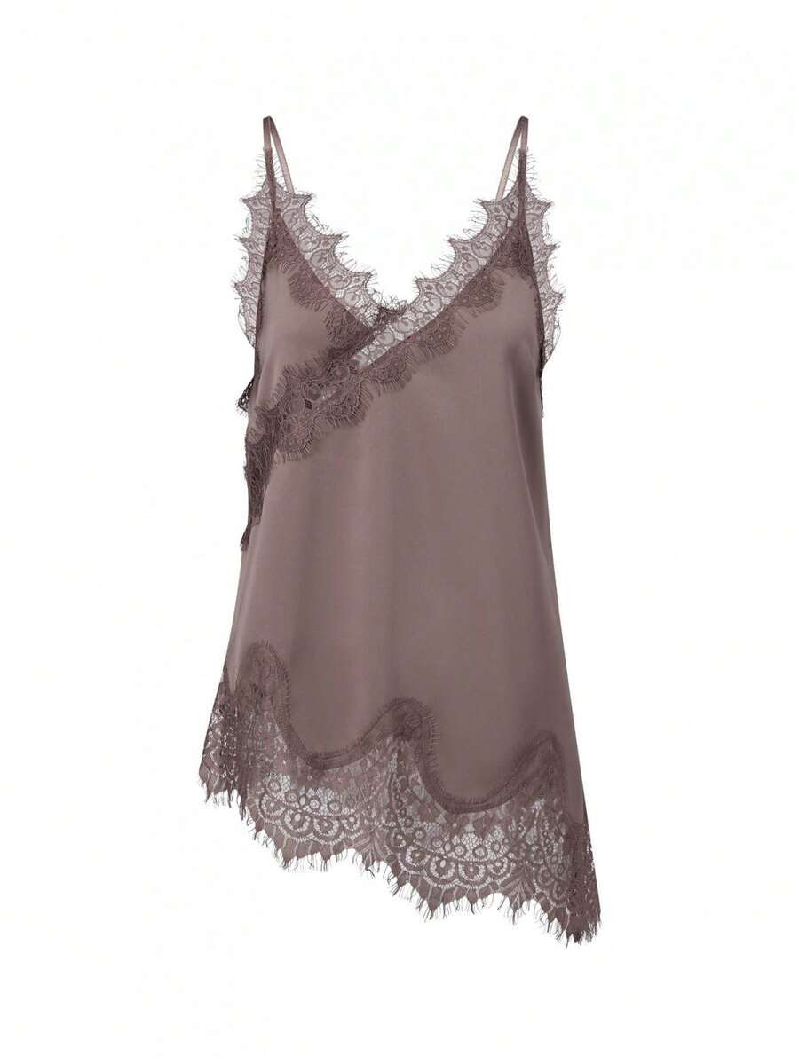 Women Long Satin Camisole Summer Spaghetti Strap Scalloped Hem Lace Trim Tank Tops | SHEIN